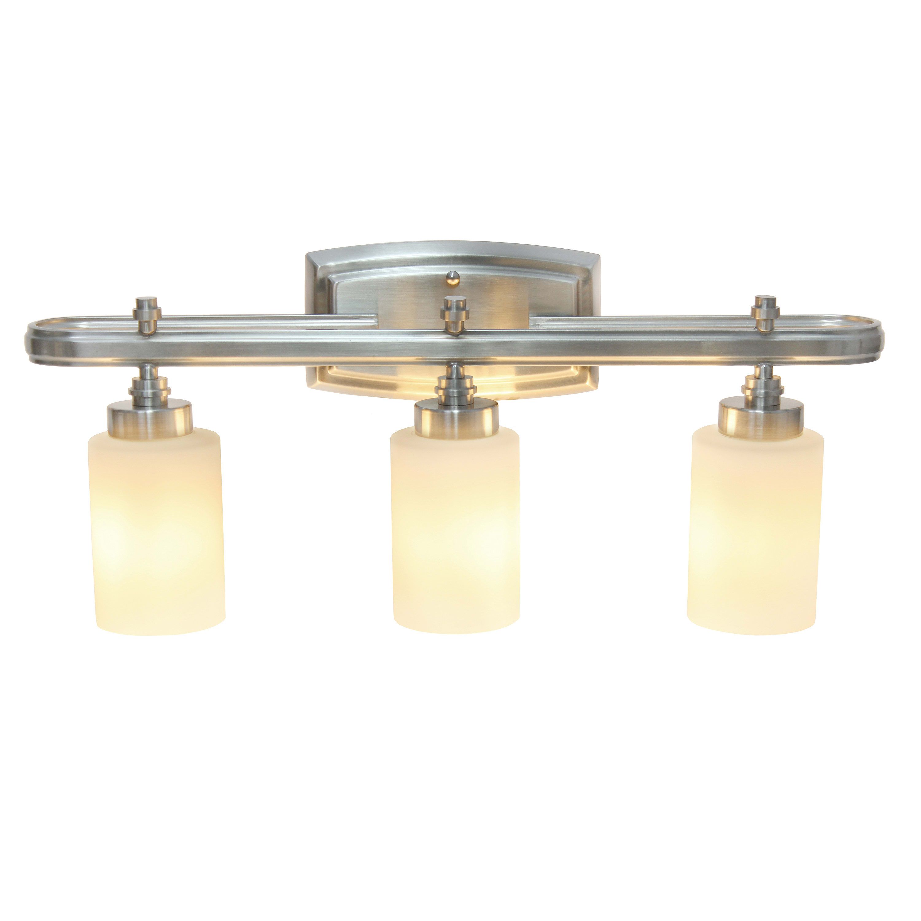 Essentix Contemporary Three Light Metal and Opaque White Glass Shade Vanity Uplight Downlight Wall Mounted Fixture with Rectangle Backplate