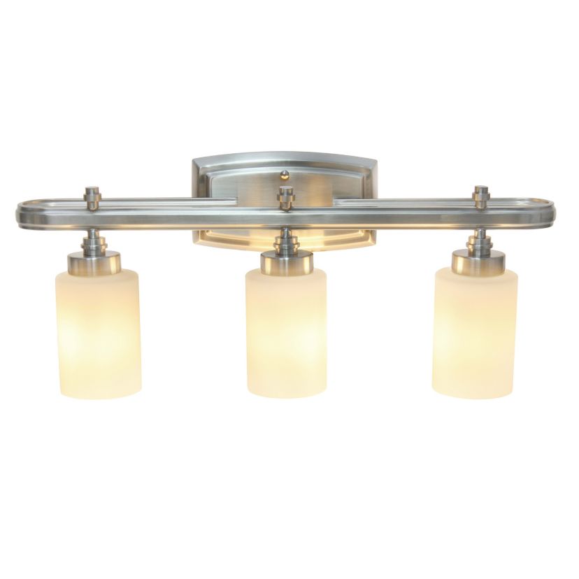 Essentix Contemporary Three Light Metal and Opaque White Glass Shade Vanity Uplight Downlight Wall Mounted Fixture with Rectangle Backplate