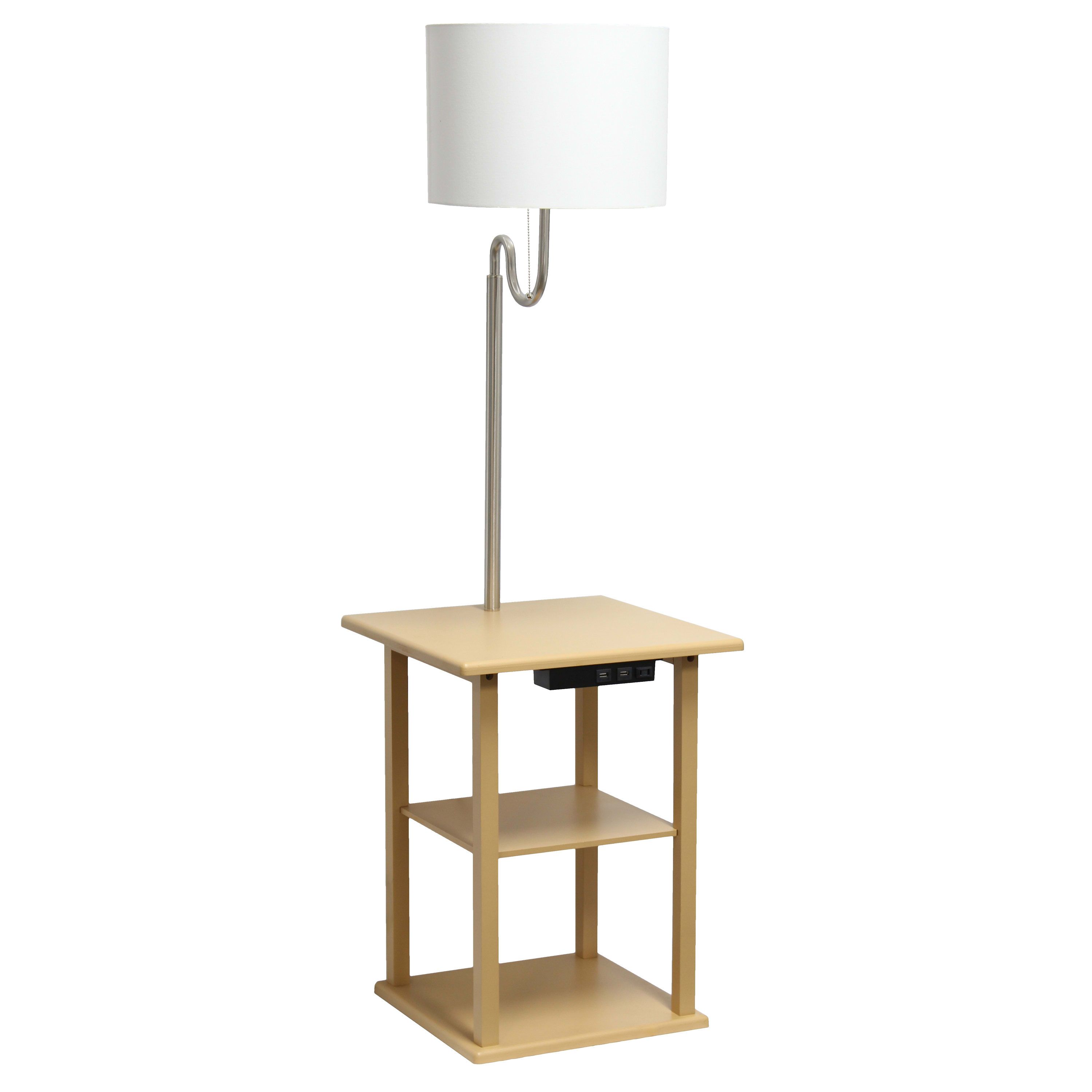 57" Modern 2 Tier End Table Floor Lamp Combination with 2 x USB Charging Ports & Power Outlet with White Drum Fabric Shade