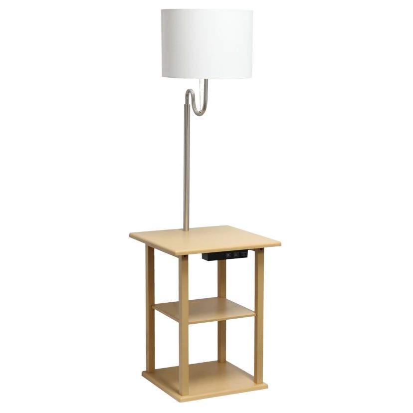 57" Modern 2 Tier End Table Floor Lamp Combination with 2 x USB Charging Ports & Power Outlet with White Drum Fabric Shade