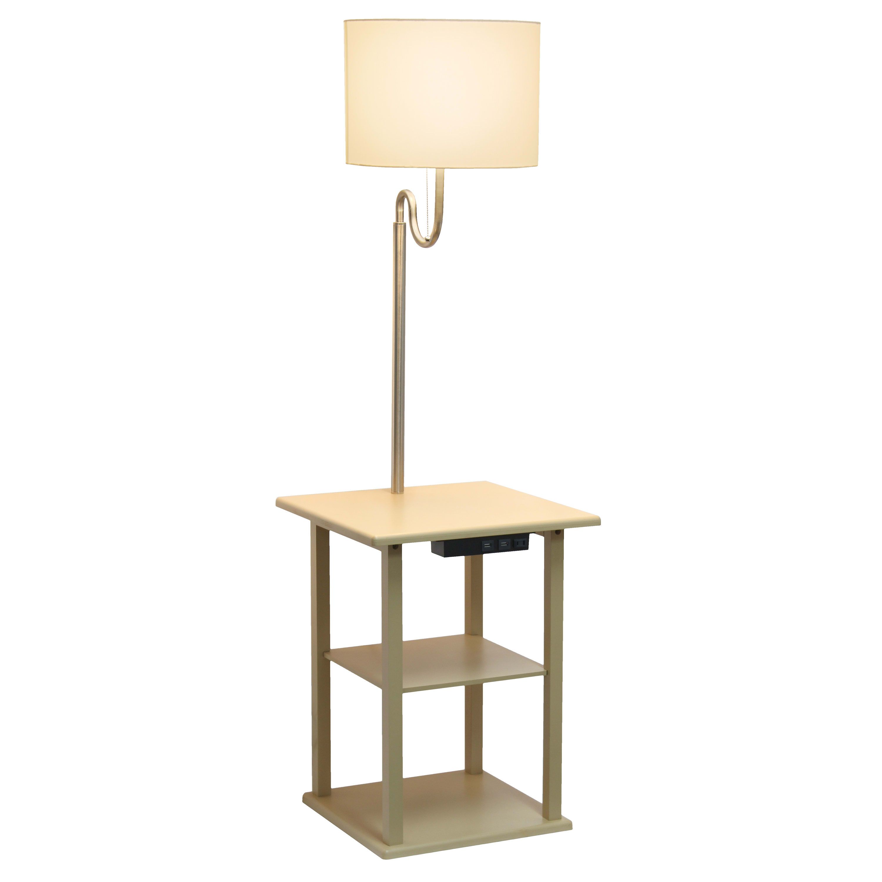 57" Modern 2 Tier End Table Floor Lamp Combination with 2 x USB Charging Ports & Power Outlet with White Drum Fabric Shade