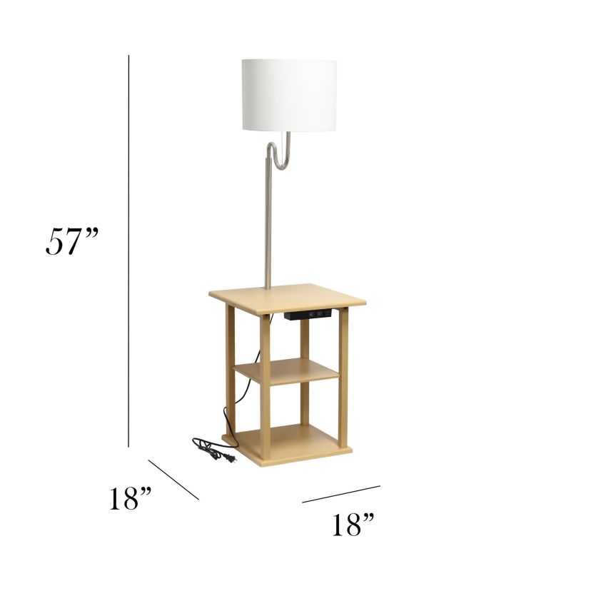 57" Modern 2 Tier End Table Floor Lamp Combination with 2 x USB Charging Ports & Power Outlet with White Drum Fabric Shade