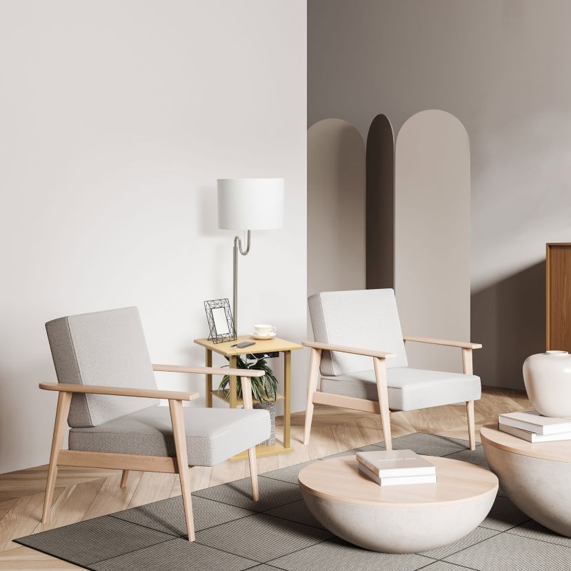 57" Modern 2 Tier End Table Floor Lamp Combination with 2 x USB Charging Ports & Power Outlet with White Drum Fabric Shade