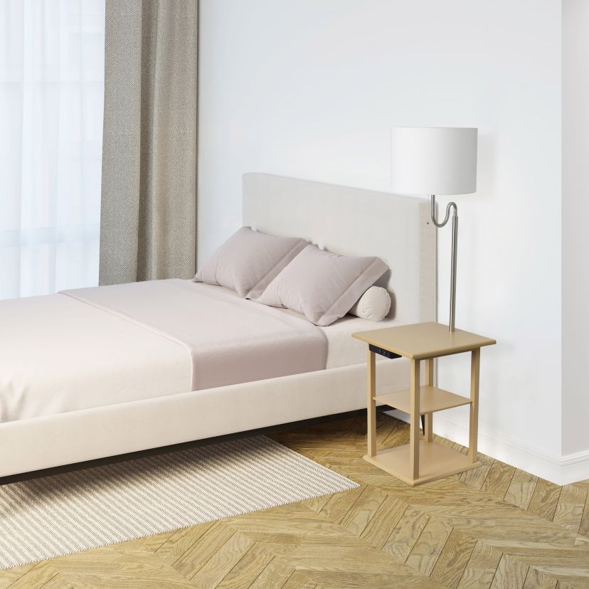 57" Modern 2 Tier End Table Floor Lamp Combination with 2 x USB Charging Ports & Power Outlet with White Drum Fabric Shade