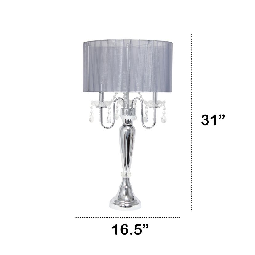 31" Chrome Cascading Crystal Table Lamp for Dining Room, Living Room, Bedroom, Study, Office, Entryway, White Shade