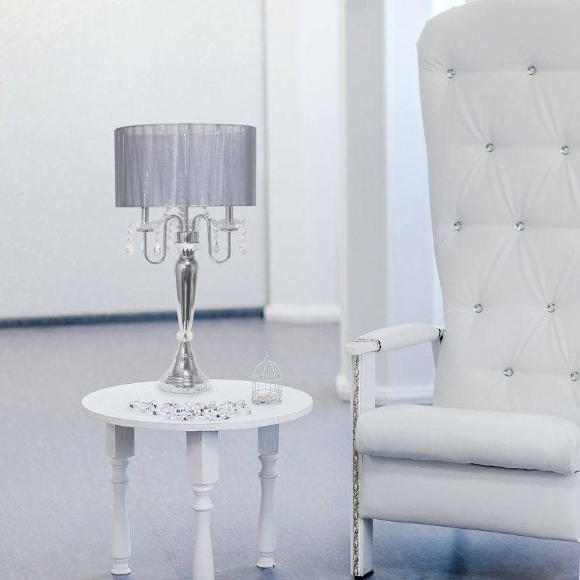 31" Chrome Cascading Crystal Table Lamp for Dining Room, Living Room, Bedroom, Study, Office, Entryway, White Shade