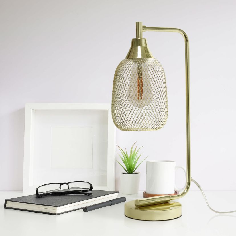 19" Industrial Mesh Wire Desk Lamp with LED Bulb, Gold