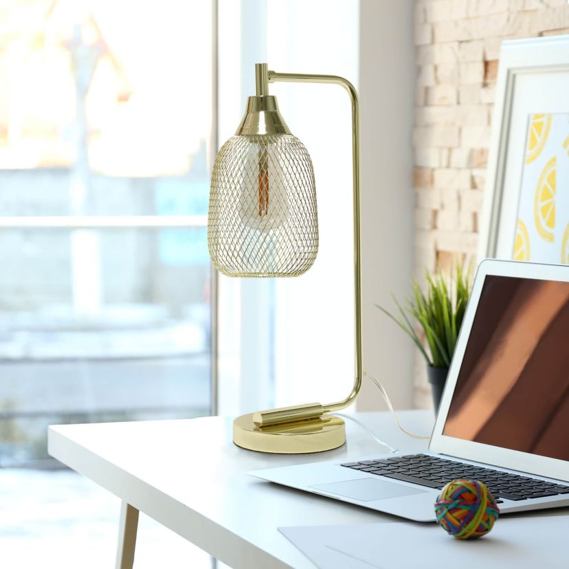 19" Industrial Mesh Wire Desk Lamp with LED Bulb, Gold