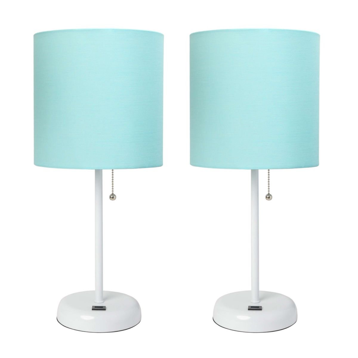 19.5" Oslo Contemporary Bedside Duo, White Table Lamp Two Pack Set with USB Port, Light Pink Shades