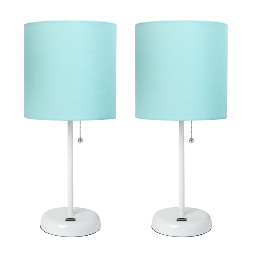 19.5" Oslo Contemporary Bedside Duo, White Table Lamp Two Pack Set with USB Port, Light Pink Shades