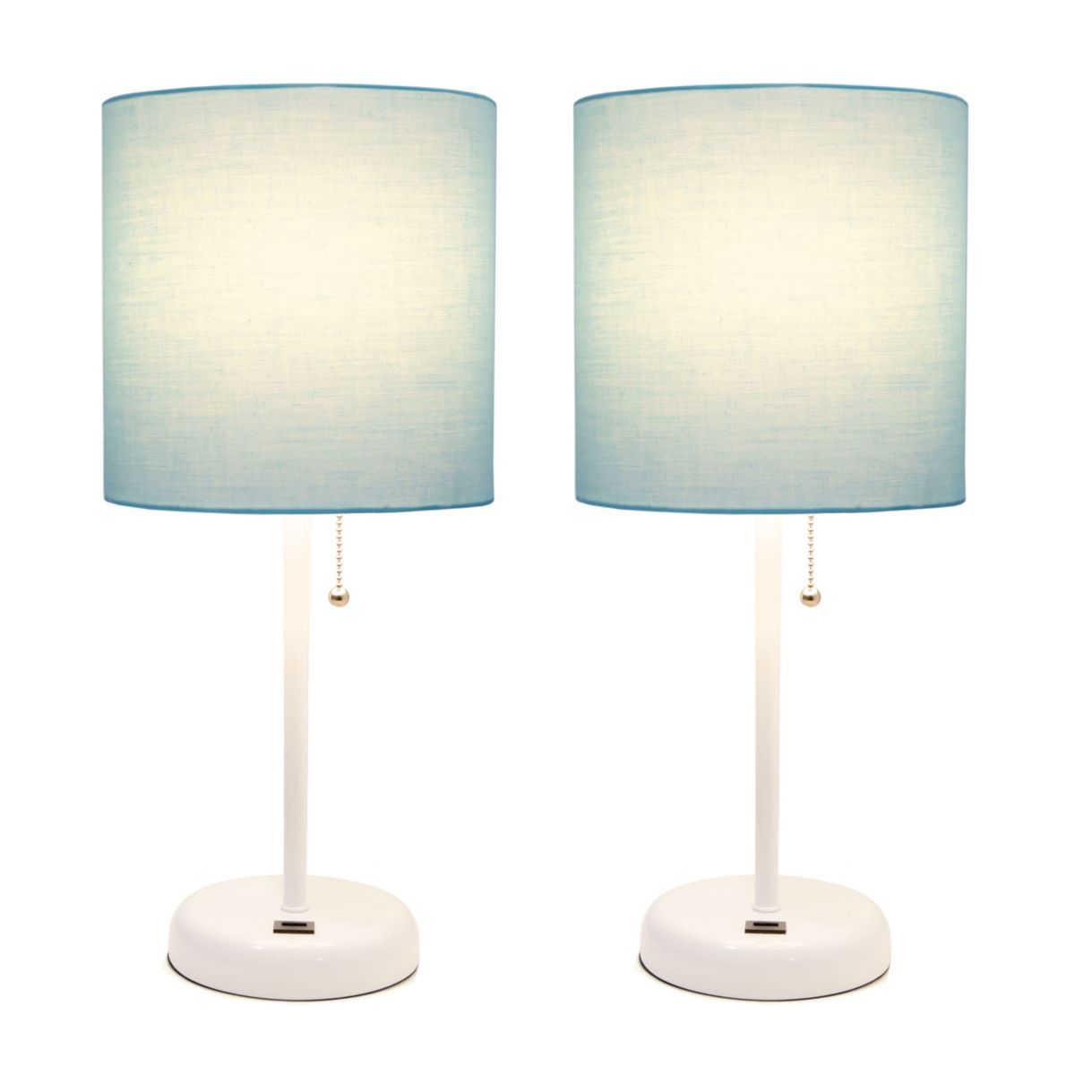 19.5" Oslo Contemporary Bedside Duo, White Table Lamp Two Pack Set with USB Port, Light Pink Shades