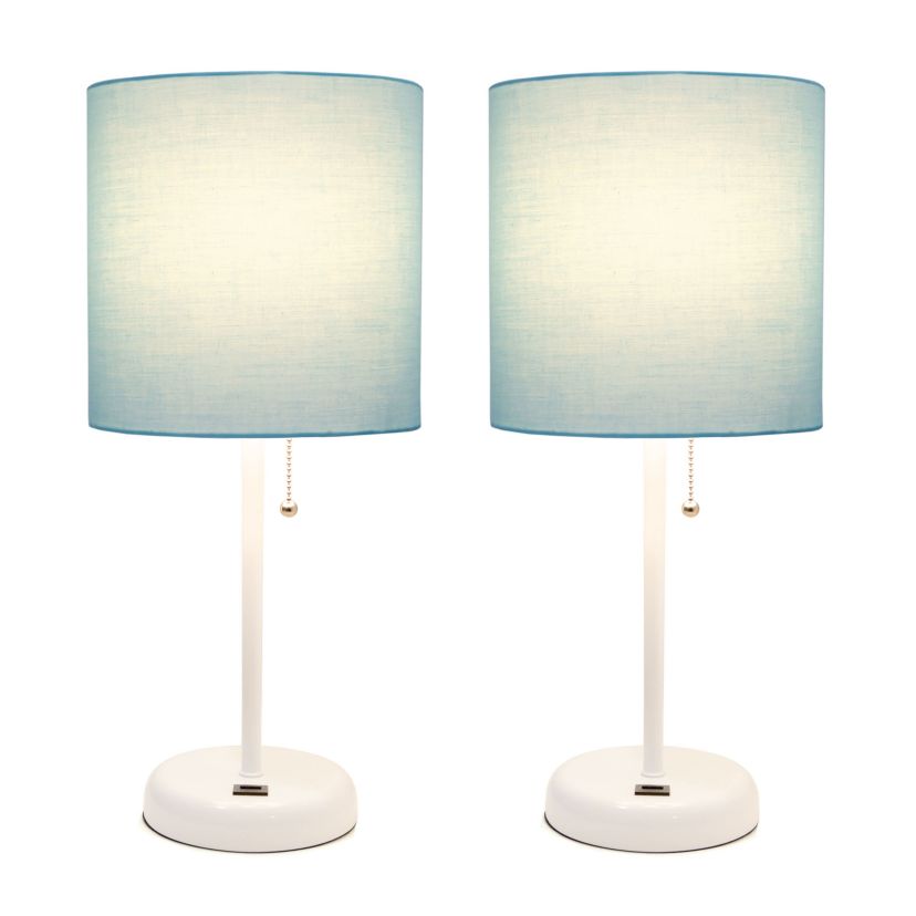 19.5" Oslo Contemporary Bedside Duo, White Table Lamp Two Pack Set with USB Port, Light Pink Shades