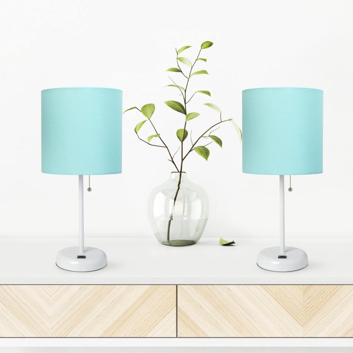 19.5" Oslo Contemporary Bedside Duo, White Table Lamp Two Pack Set with USB Port, Light Pink Shades