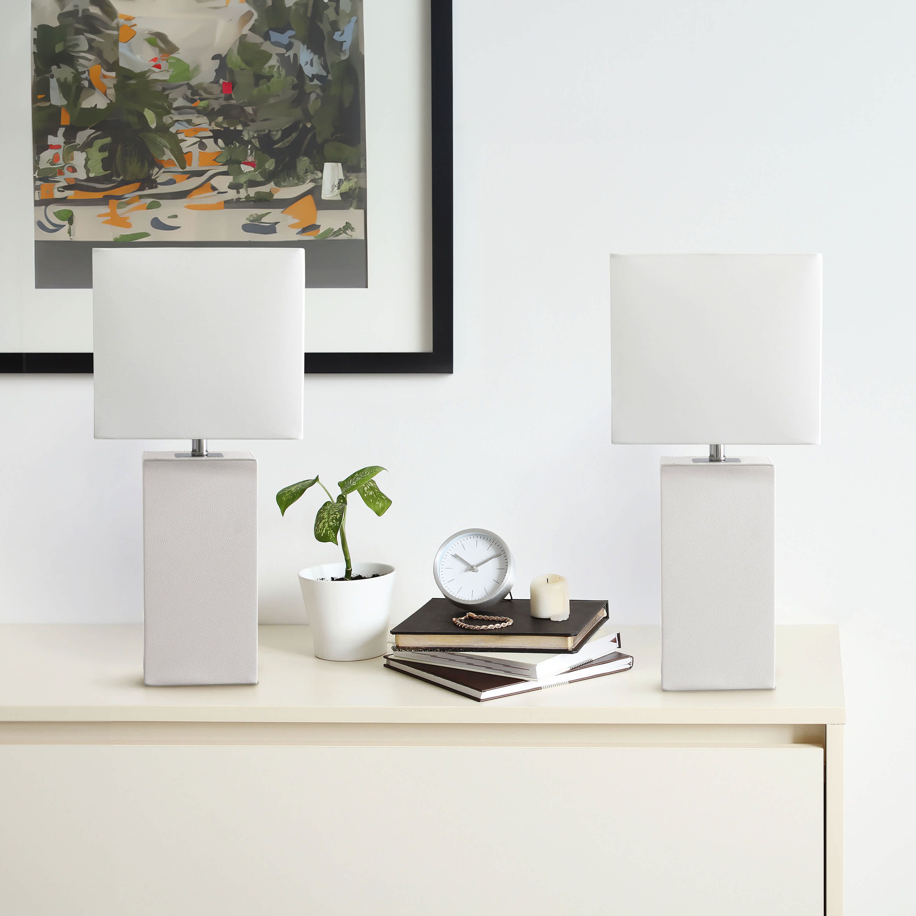Lexington 21" 2-Pack Leather Base Modern Home Décor Bedside Table Lamp Set for Living Room, Bedroom, Entryway, Foyer, or Office with White Rectangular Fabric Shade, Blue