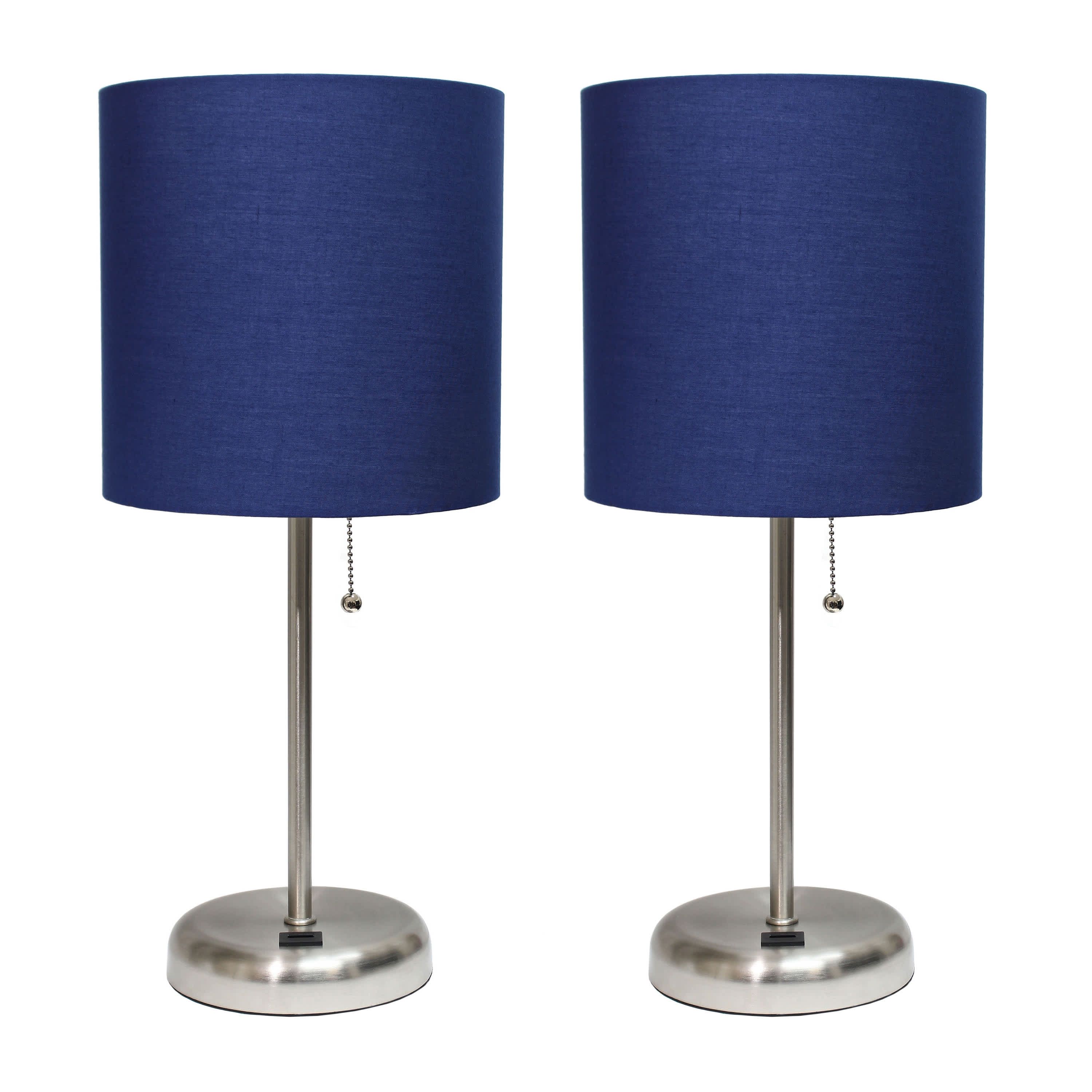 19.5" Oslo Contemporary Bedside Duo, Brushed Steel Table Lamp Two Pack Set with USB Port, Black Shades