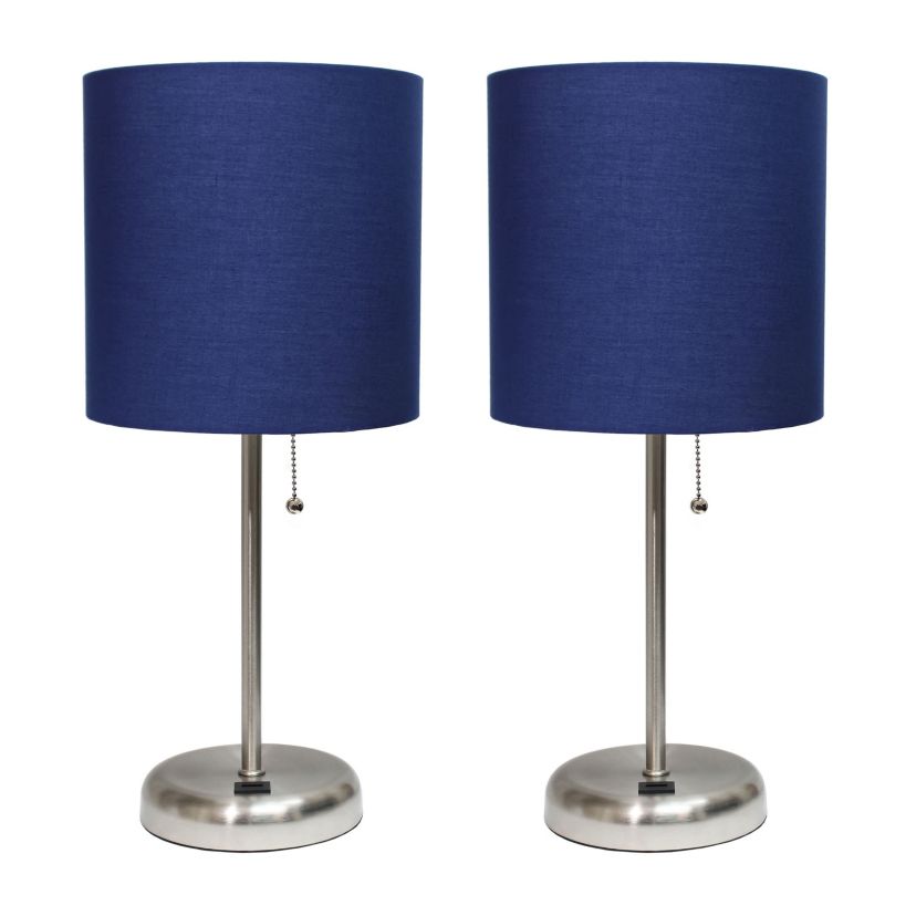 19.5" Oslo Contemporary Bedside Duo, Brushed Steel Table Lamp Two Pack Set with USB Port, Black Shades