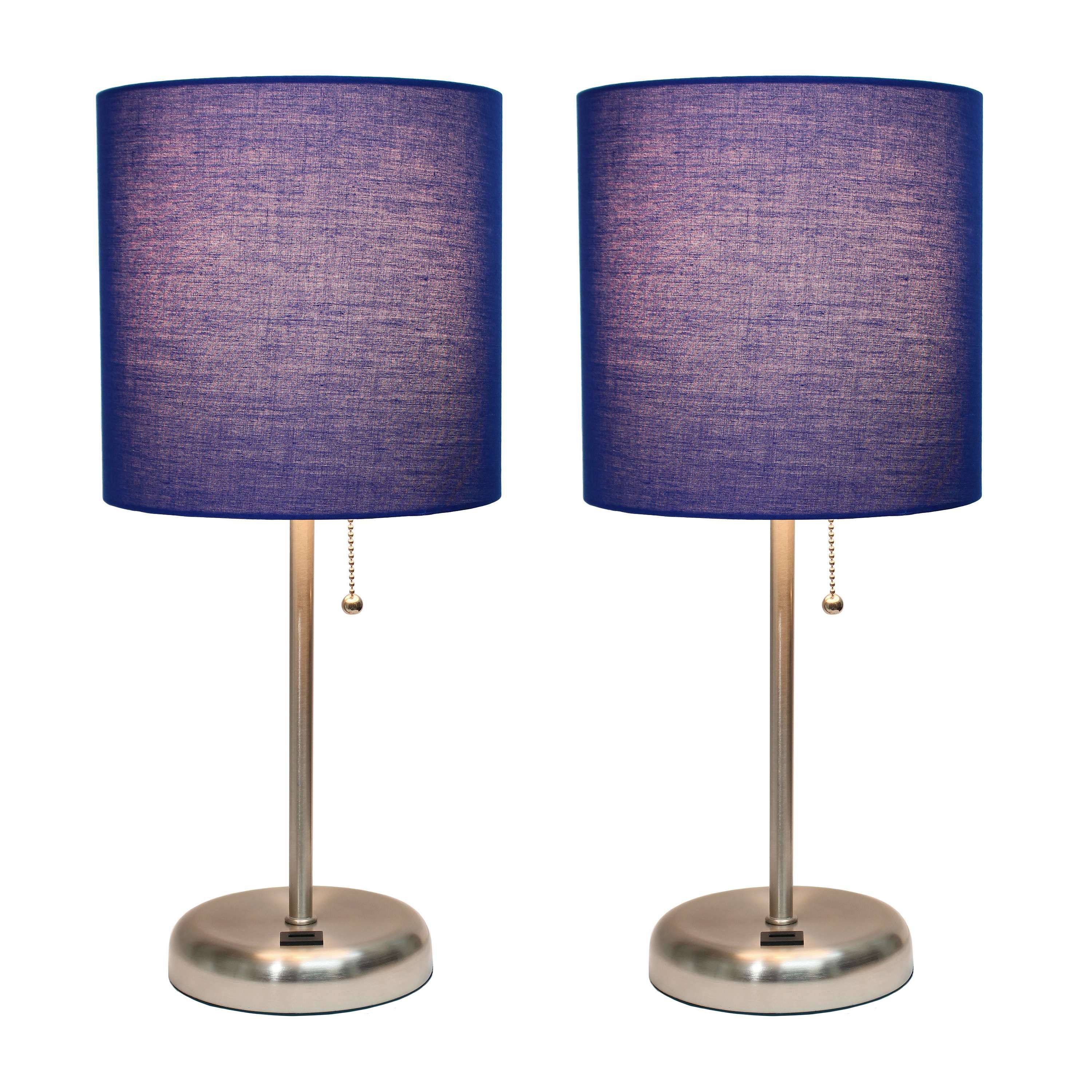 19.5" Oslo Contemporary Bedside Duo, Brushed Steel Table Lamp Two Pack Set with USB Port, Black Shades