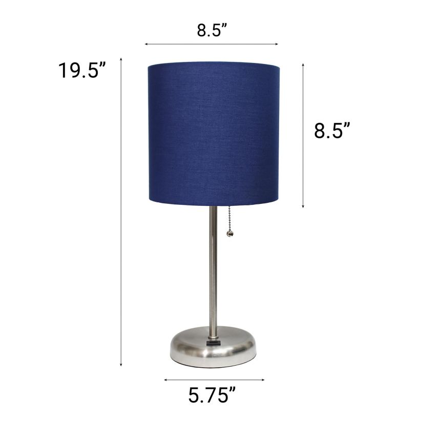 19.5" Oslo Contemporary Bedside Duo, Brushed Steel Table Lamp Two Pack Set with USB Port, Black Shades