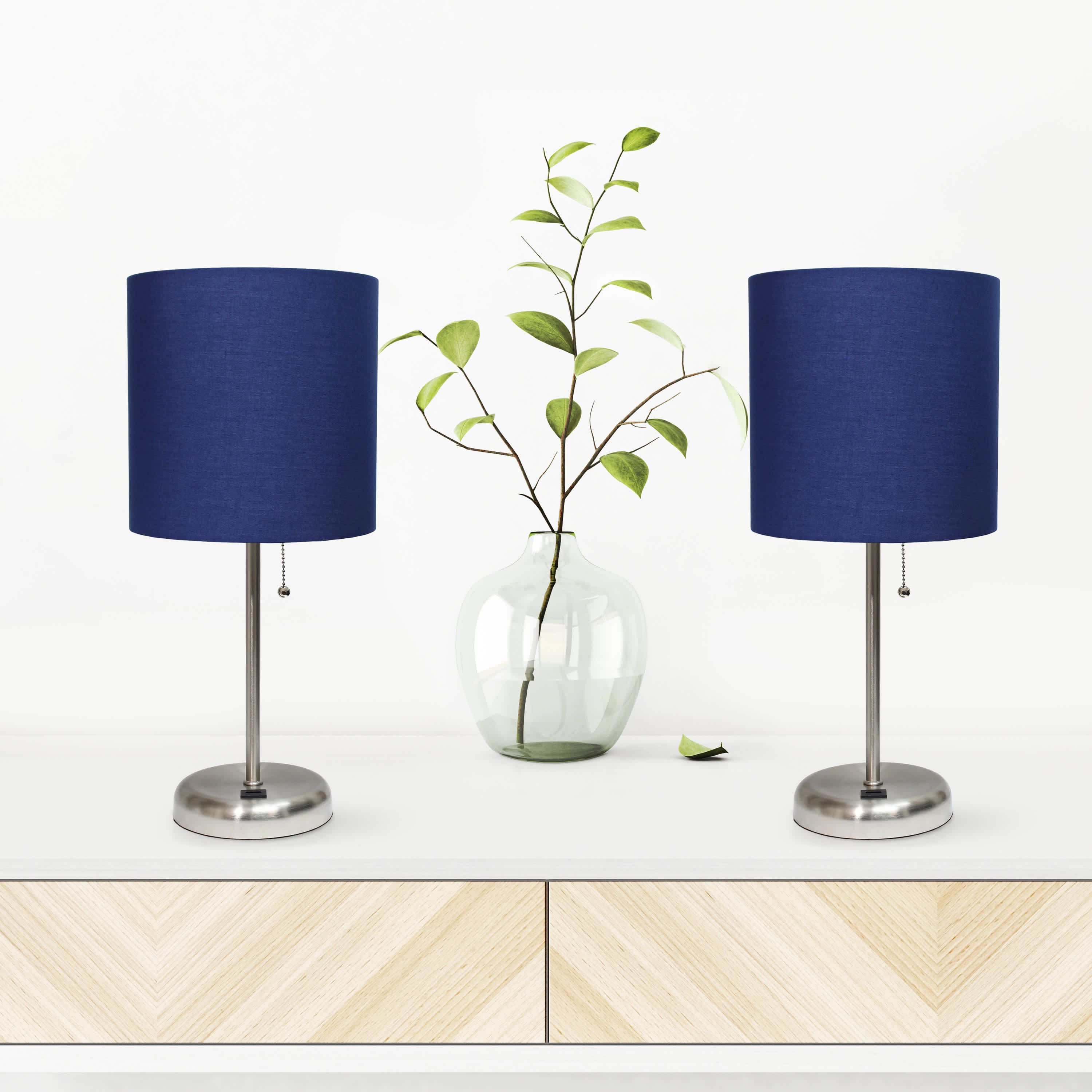 19.5" Oslo Contemporary Bedside Duo, Brushed Steel Table Lamp Two Pack Set with USB Port, Black Shades