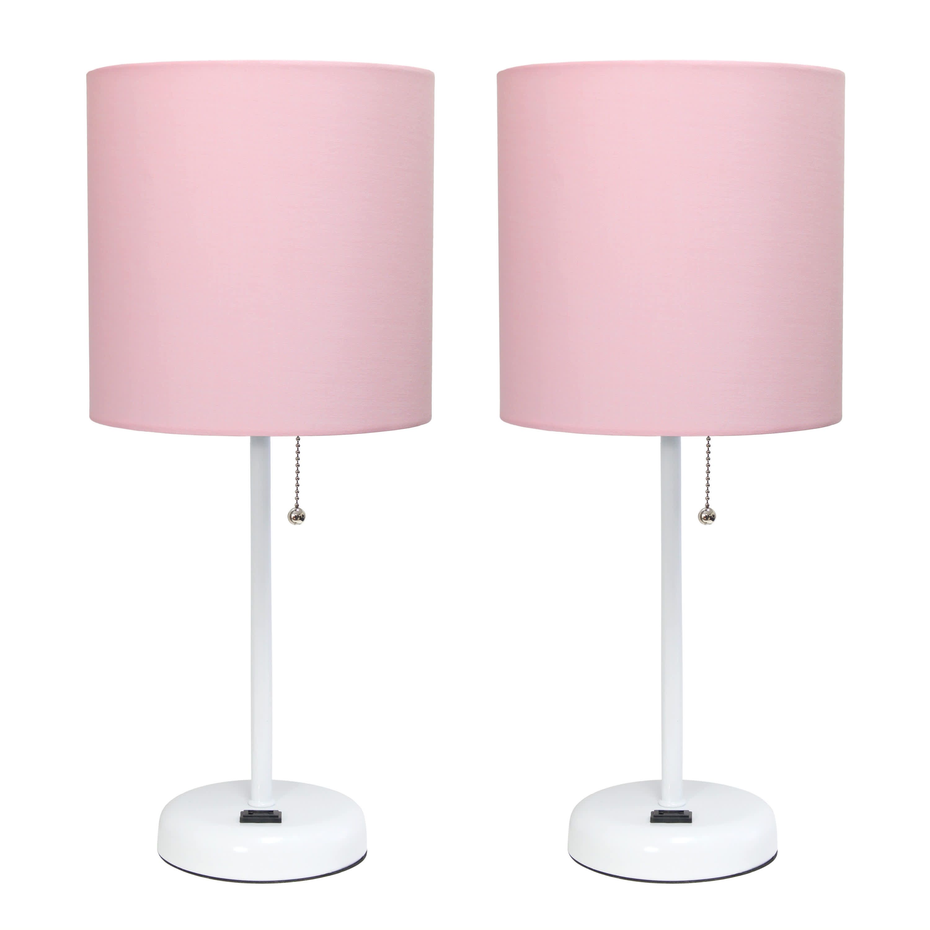19.5" Oslo Contemporary Bedside Duo, Black Table Lamp Two Pack Set with Power Outlet, White Shades