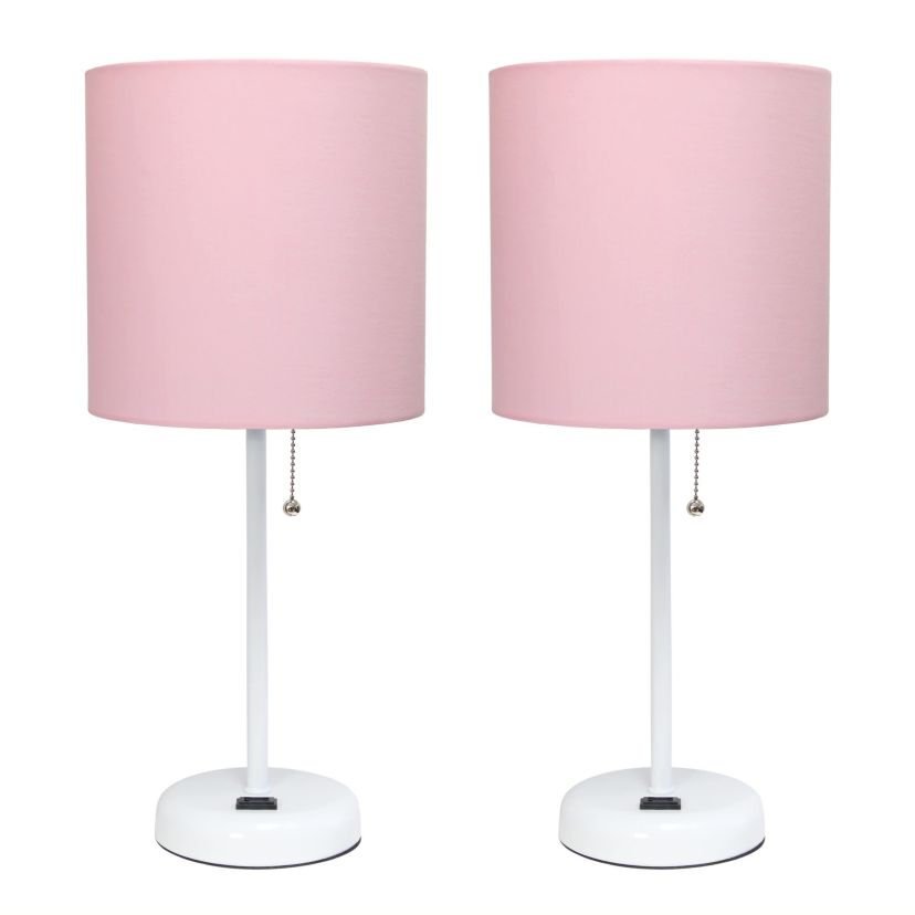 19.5" Oslo Contemporary Bedside Duo, Black Table Lamp Two Pack Set with Power Outlet, White Shades