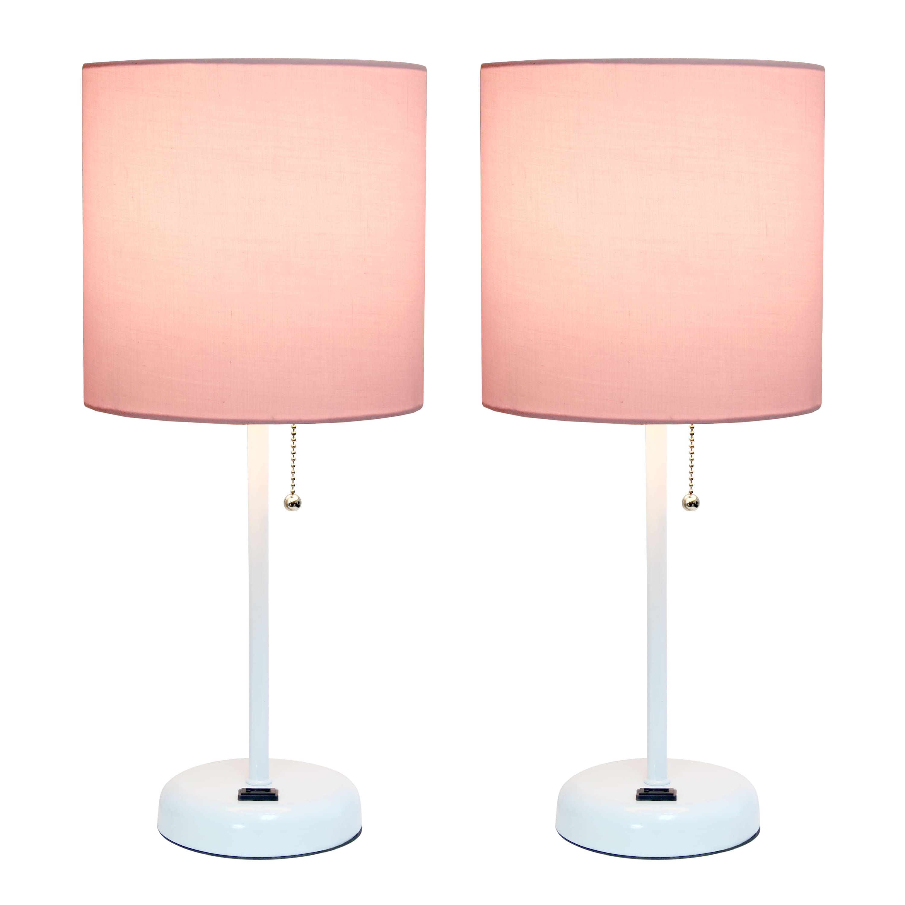 19.5" Oslo Contemporary Bedside Duo, Black Table Lamp Two Pack Set with Power Outlet, White Shades