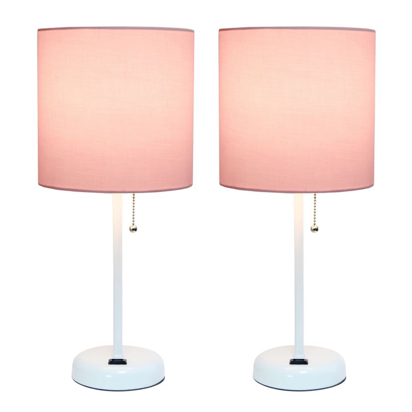 19.5" Oslo Contemporary Bedside Duo, Black Table Lamp Two Pack Set with Power Outlet, White Shades