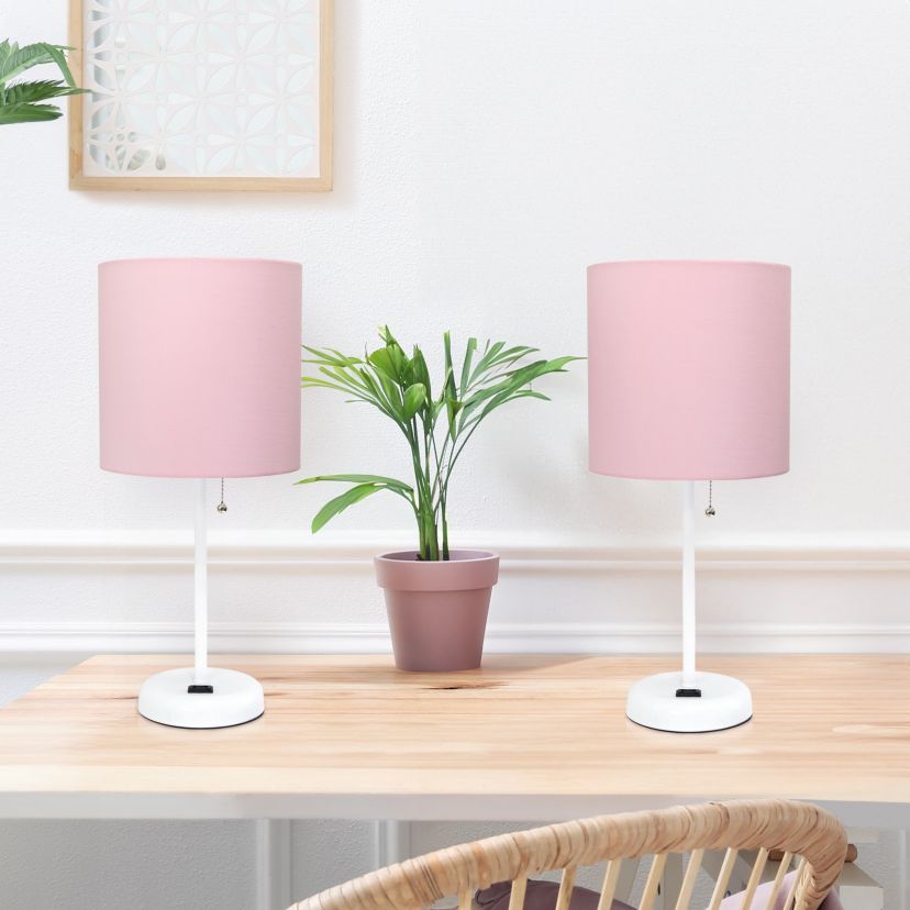 19.5" Oslo Contemporary Bedside Duo, Black Table Lamp Two Pack Set with Power Outlet, White Shades