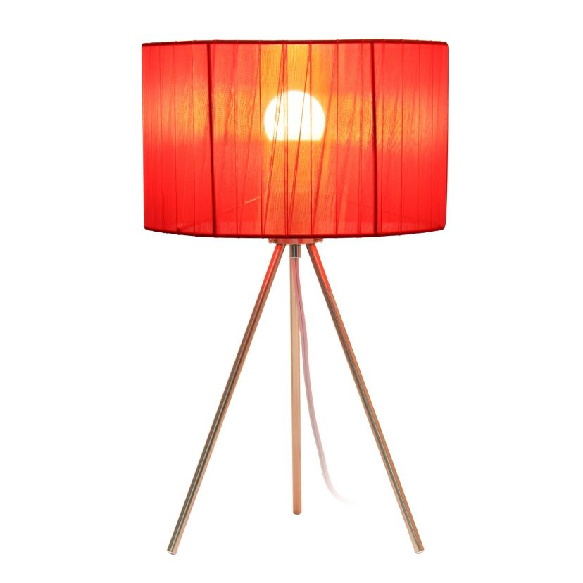 19.69" Brushed Nickel Tripod Table Lamp and Pleated Silk Sheer Shade with LED Bulb, Red