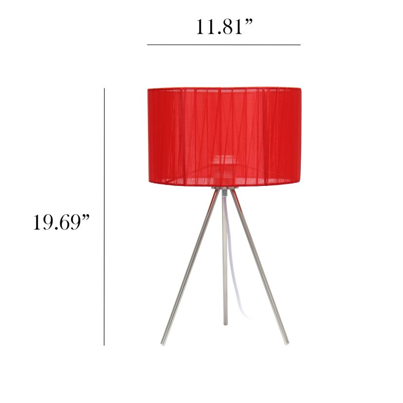 19.69" Brushed Nickel Tripod Table Lamp and Pleated Silk Sheer Shade with LED Bulb, Red