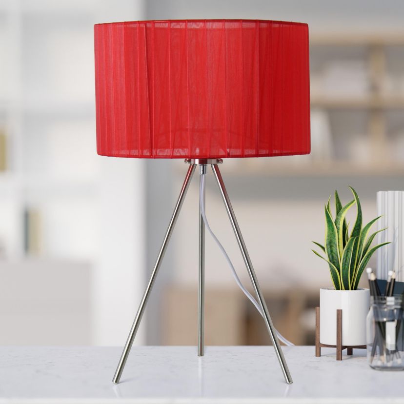 19.69" Brushed Nickel Tripod Table Lamp and Pleated Silk Sheer Shade with LED Bulb, Red