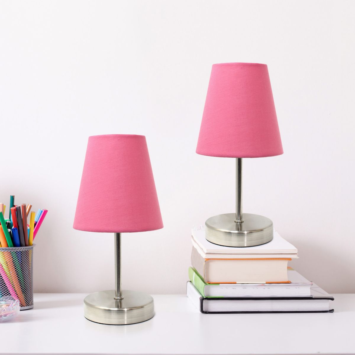 10.5" Iconic Duo Mini Sand Nickel Table Lamp Two Pack Set, for End Tables, Nightstands, Offices, White Shades