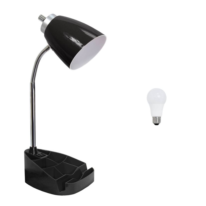 18.5" Gooseneck Organizer Desk Lamp with iPad Tablet Stand Book Holder and Charging Outlet, with LED Bulb, Black