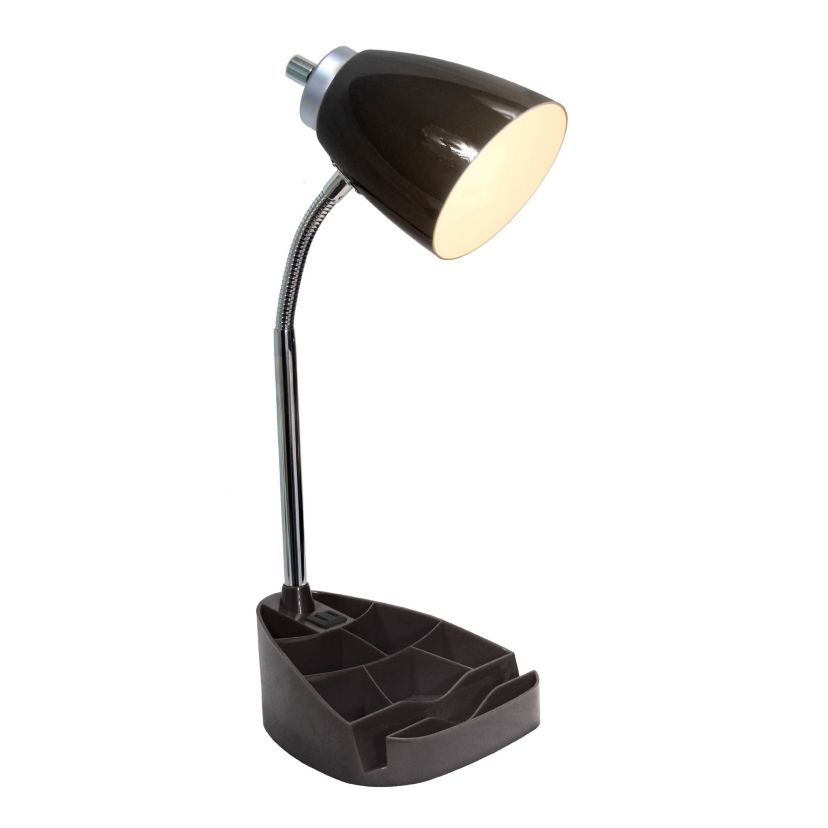 18.5" Gooseneck Organizer Desk Lamp with iPad Tablet Stand Book Holder and Charging Outlet, with LED Bulb, Black