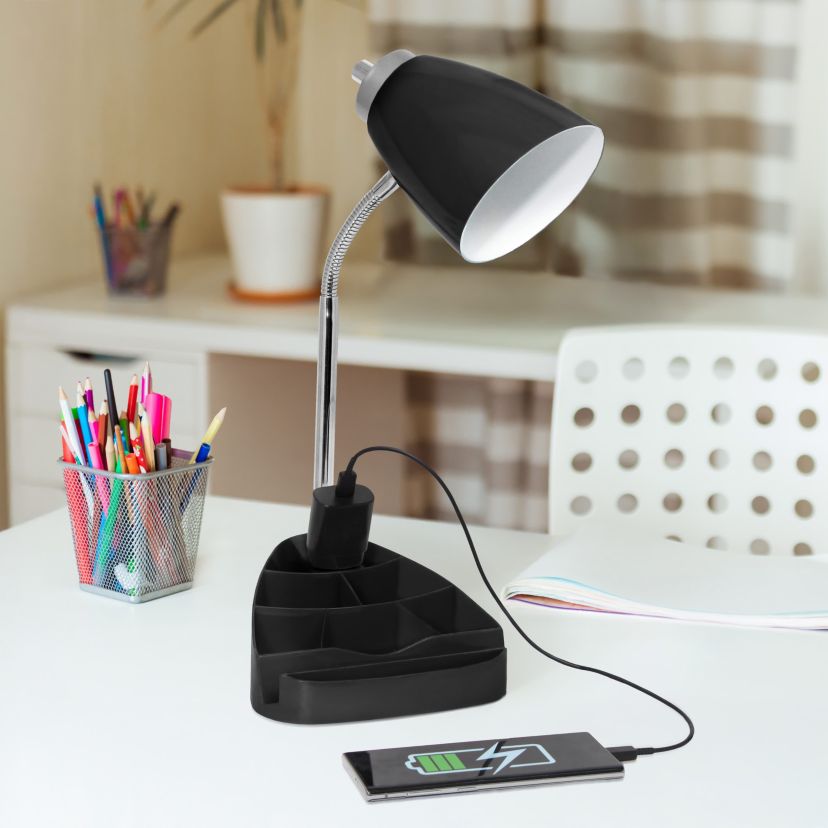 18.5" Gooseneck Organizer Desk Lamp with iPad Tablet Stand Book Holder and Charging Outlet, with LED Bulb, Black