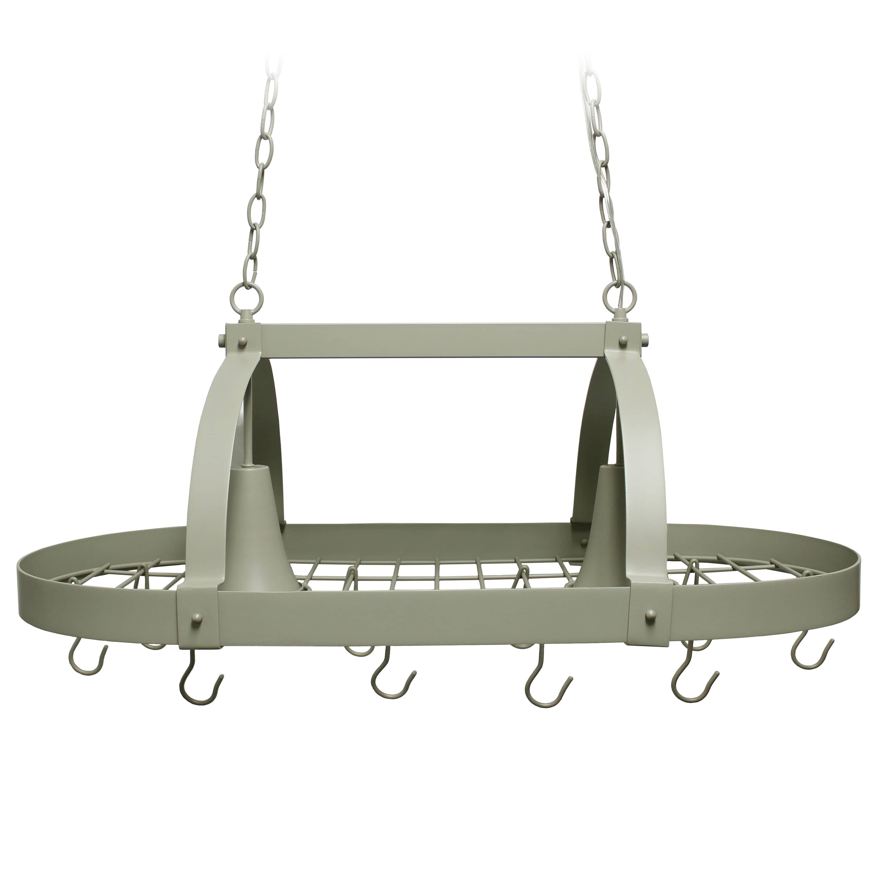 35.5" Modern Industrial Hanging Pot Rack Ceiling Light with Oval Frame and Adjustable Hooks, for Kitchen, Kitchen Island, White