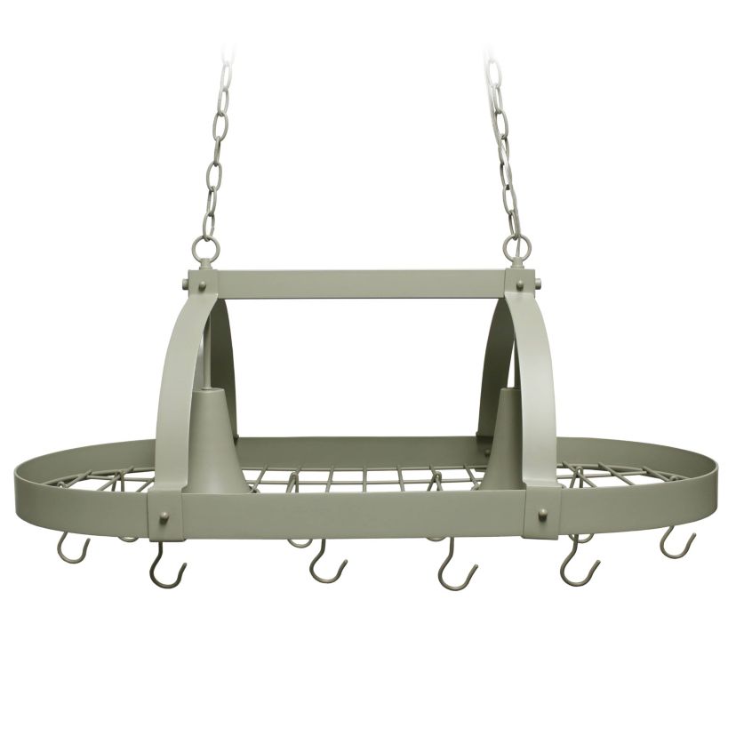 35.5" Modern Industrial Hanging Pot Rack Ceiling Light with Oval Frame and Adjustable Hooks, for Kitchen, Kitchen Island, White