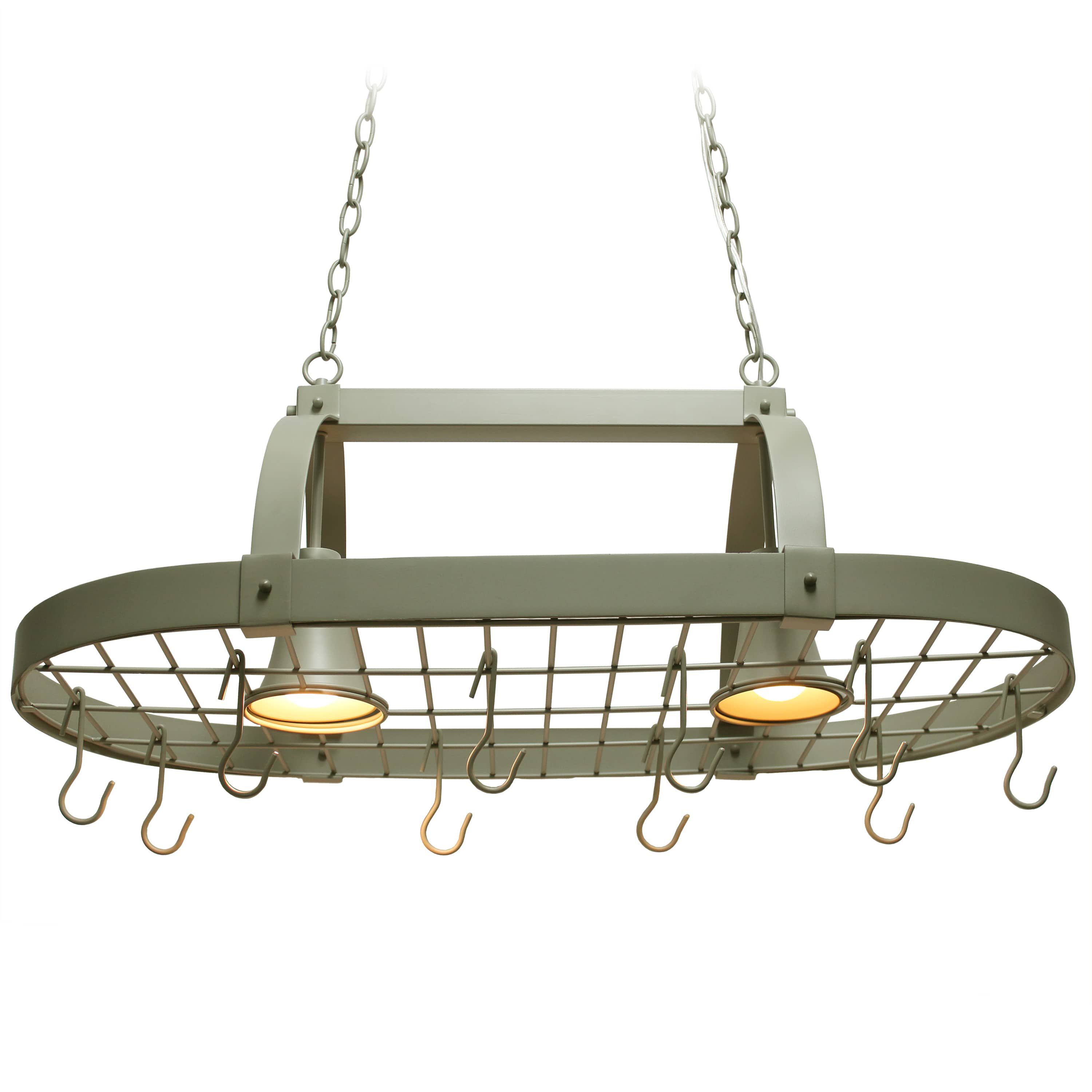 35.5" Modern Industrial Hanging Pot Rack Ceiling Light with Oval Frame and Adjustable Hooks, for Kitchen, Kitchen Island, White