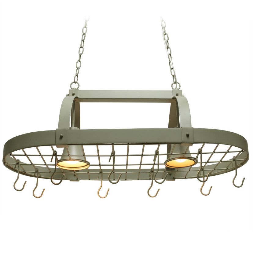 35.5" Modern Industrial Hanging Pot Rack Ceiling Light with Oval Frame and Adjustable Hooks, for Kitchen, Kitchen Island, White