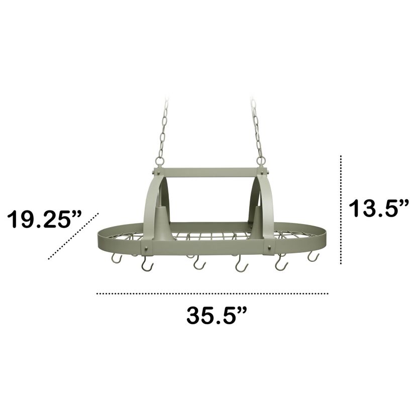 35.5" Modern Industrial Hanging Pot Rack Ceiling Light with Oval Frame and Adjustable Hooks, for Kitchen, Kitchen Island, White