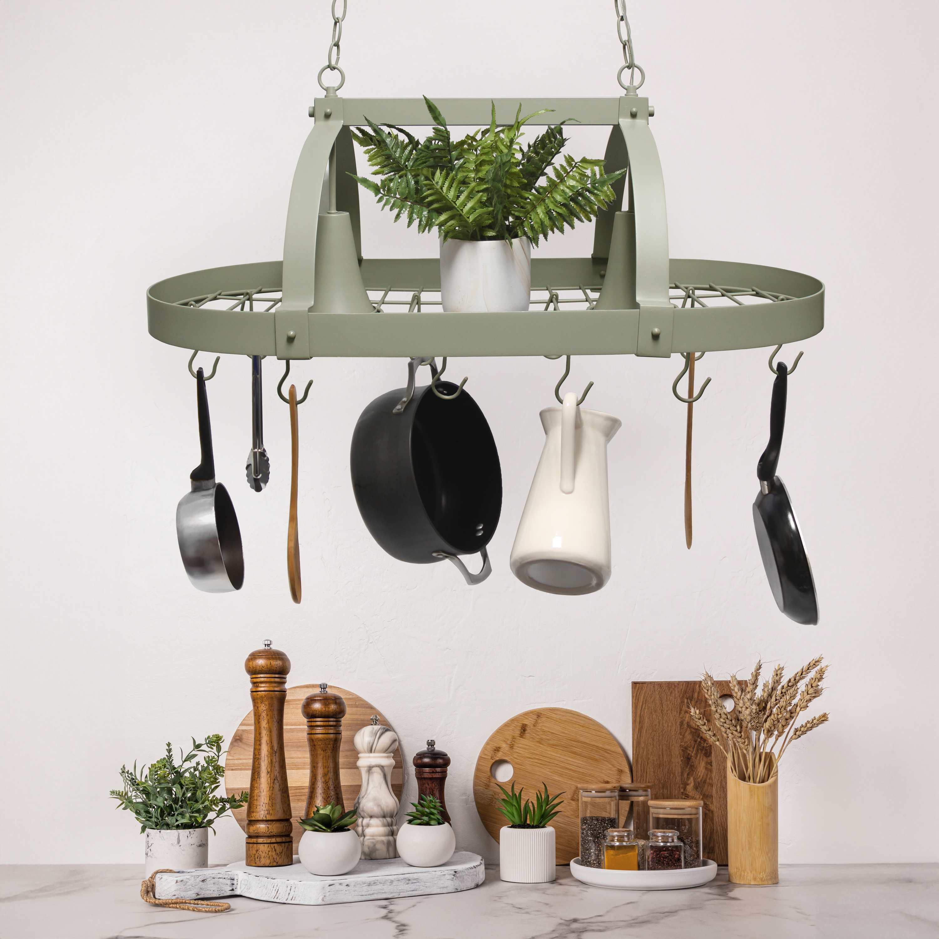 35.5" Modern Industrial Hanging Pot Rack Ceiling Light with Oval Frame and Adjustable Hooks, for Kitchen, Kitchen Island, White