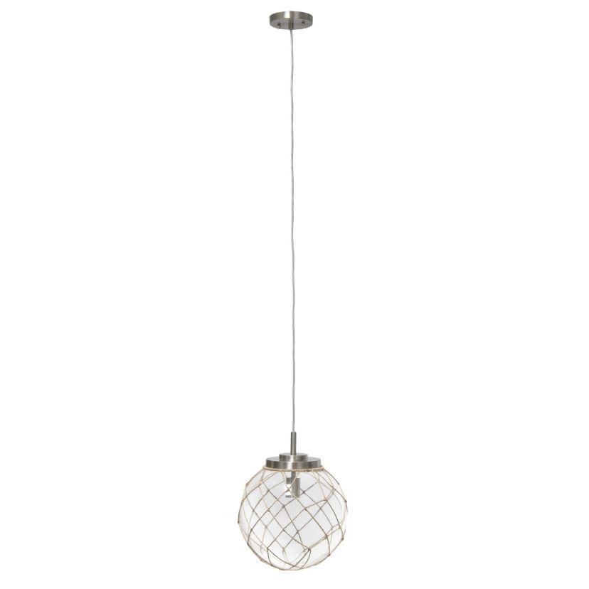 12" Beachy Nautical Netted Glass Sphere Pendant Light, for Beach House, Island Lighting, Entryway, Hallway, Condo, Living Room, Clear
