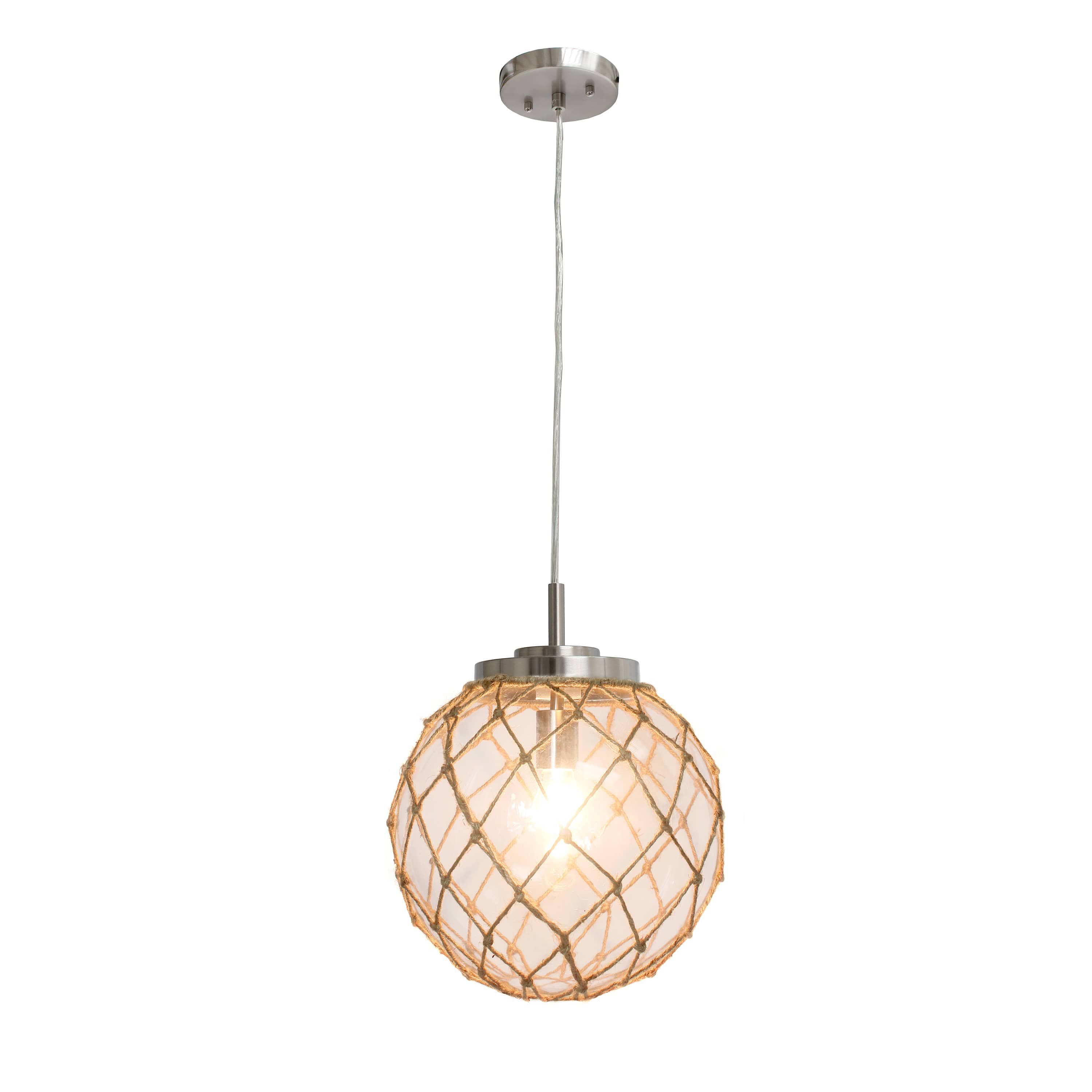 12" Beachy Nautical Netted Glass Sphere Pendant Light, for Beach House, Island Lighting, Entryway, Hallway, Condo, Living Room, Clear