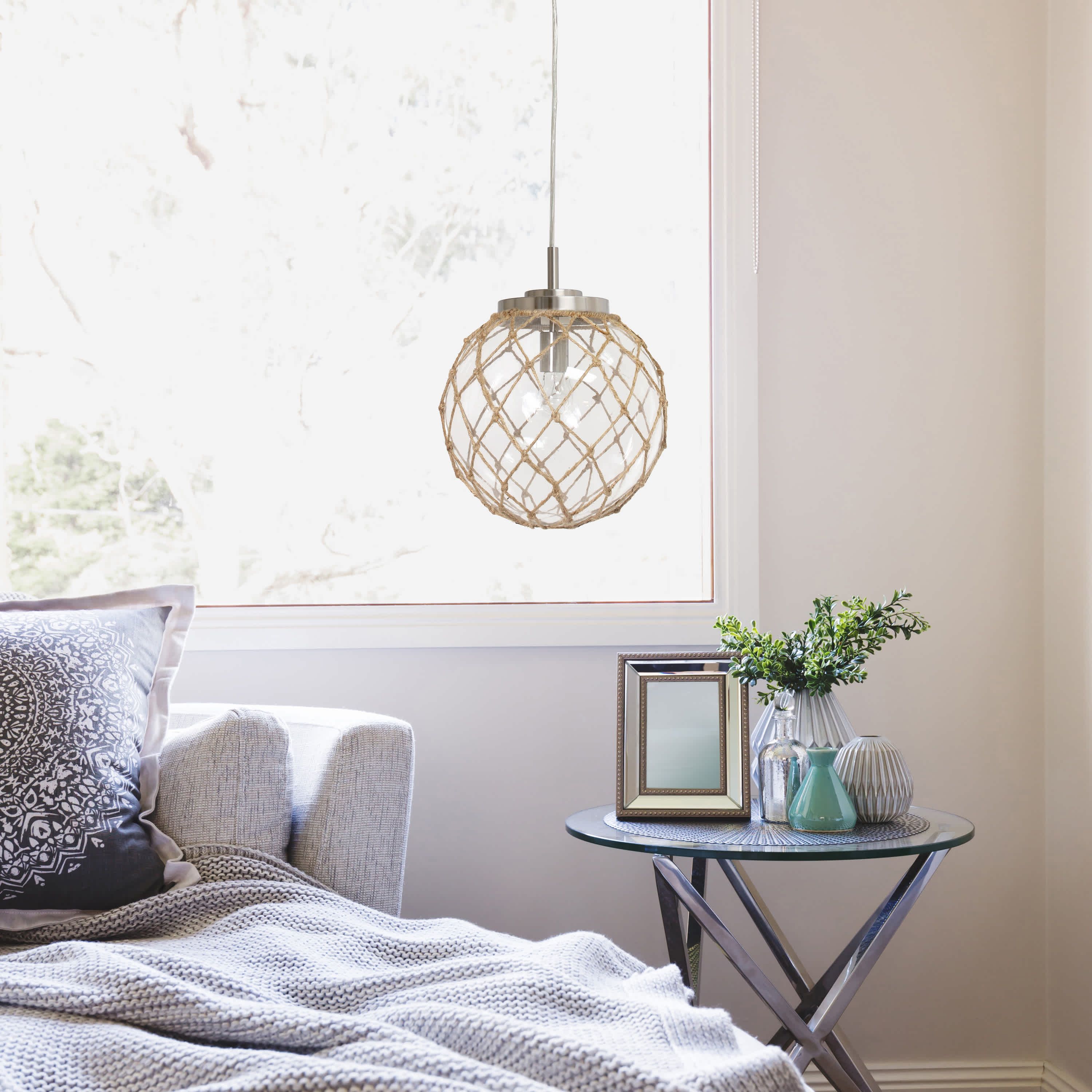 12" Beachy Nautical Netted Glass Sphere Pendant Light, for Beach House, Island Lighting, Entryway, Hallway, Condo, Living Room, Clear