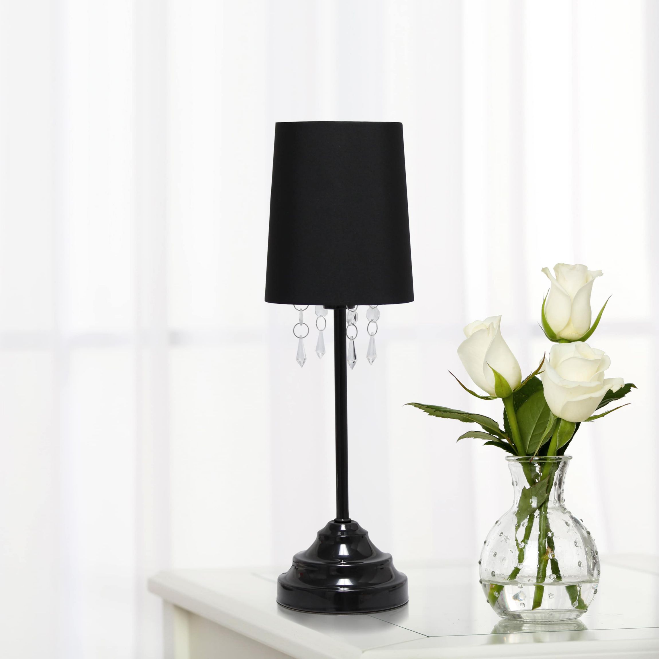 17.5" Table Lamp with Fabric Shade and Hanging Acrylic Beads, with LED Bulb, Black