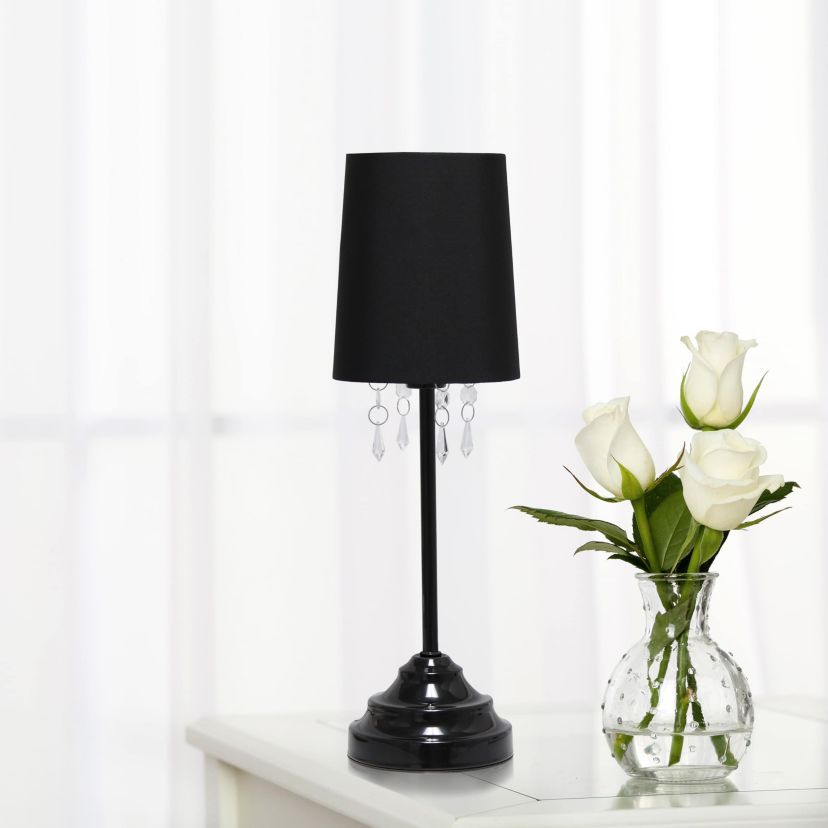 17.5" Table Lamp with Fabric Shade and Hanging Acrylic Beads, with LED Bulb, Black
