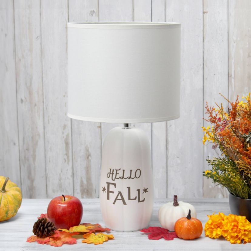 17.88" Cozy Autumn "Hello Fall" Pumpkin-Shaped Table Lamp with White Drum Shade, Orange