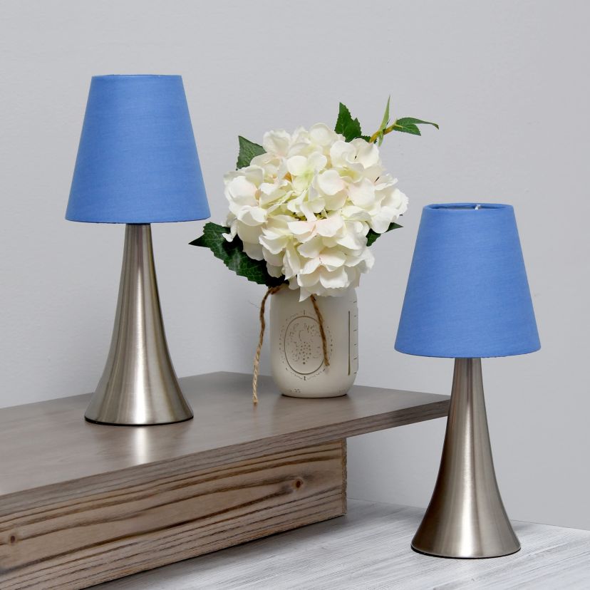 11.42" Chic and Contemporary Mini Touch Lamp Duo, for Bedroom, Living Room, Hallway, Brushed Nickel with White Shades
