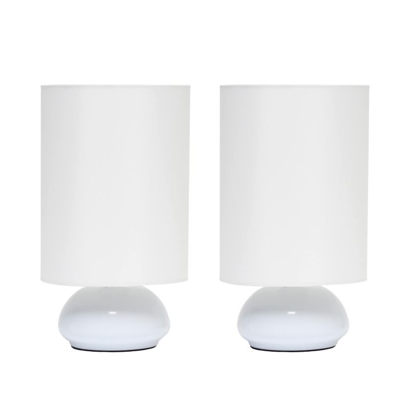 9" Chic Elongated Shade Mini Touch Lamp Duo, for Bedroom, Living Room, Hallway, White with White Shades