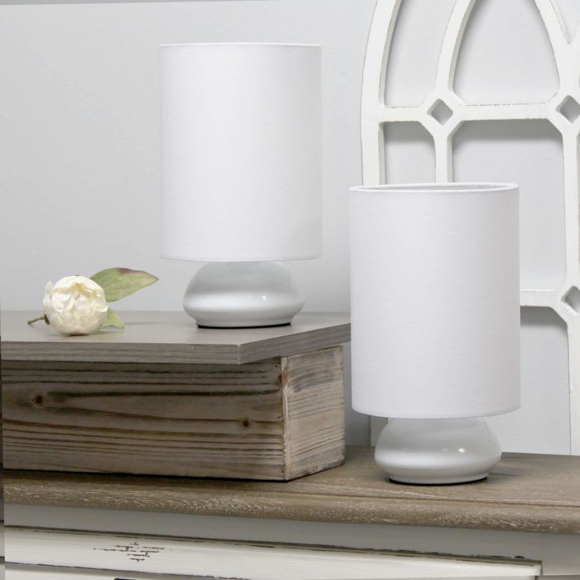 9" Chic Elongated Shade Mini Touch Lamp Duo, for Bedroom, Living Room, Hallway, White with White Shades